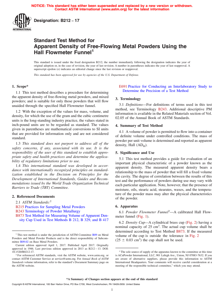 ASTM B212-17 - Standard Test Method for Apparent Density of Free ...