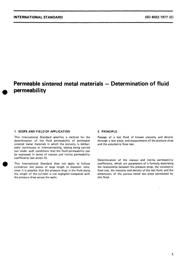 ISO 4022:1977 - Permeable sintered metal materials -- Determination of fluid permeability