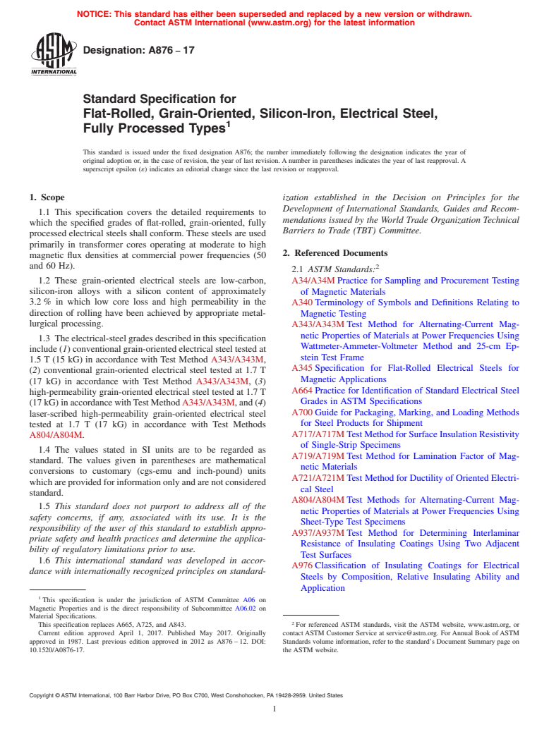 ASTM A876-17 - Standard Specification for Flat-Rolled, Grain-Oriented, Silicon-Iron, Electrical Steel,   Fully Processed Types