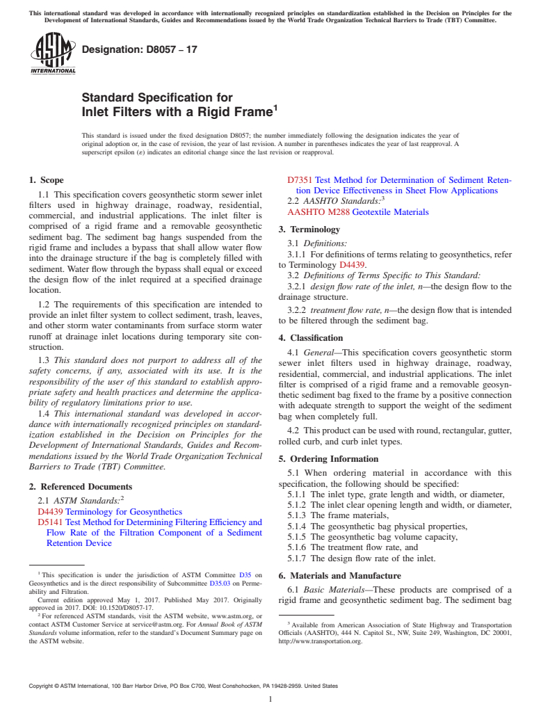 ASTM D8057-17 - Standard Specification for Inlet Filters with a Rigid Frame