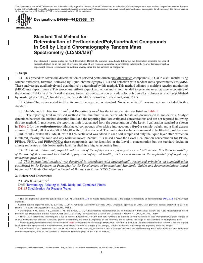 REDLINE ASTM D7968-17 - Standard Test Method for Determination of Polyfluorinated Compounds in Soil by Liquid  Chromatography Tandem Mass Spectrometry (LC/MS/MS)