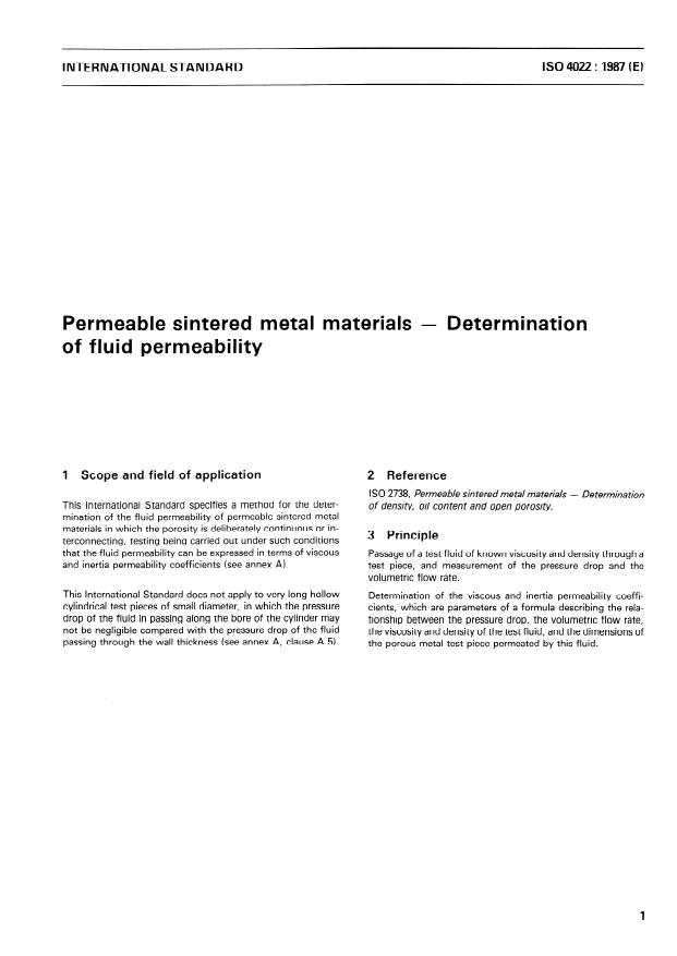 ISO 4022:1987 - Permeable sintered metal materials -- Determination of fluid permeability