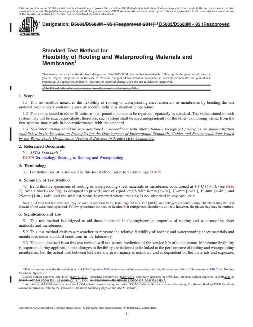 REDLINE ASTM D5683/D5683M-95(2017) - Standard Test Method for  Flexibility of Roofing and Waterproofing Materials and Membranes