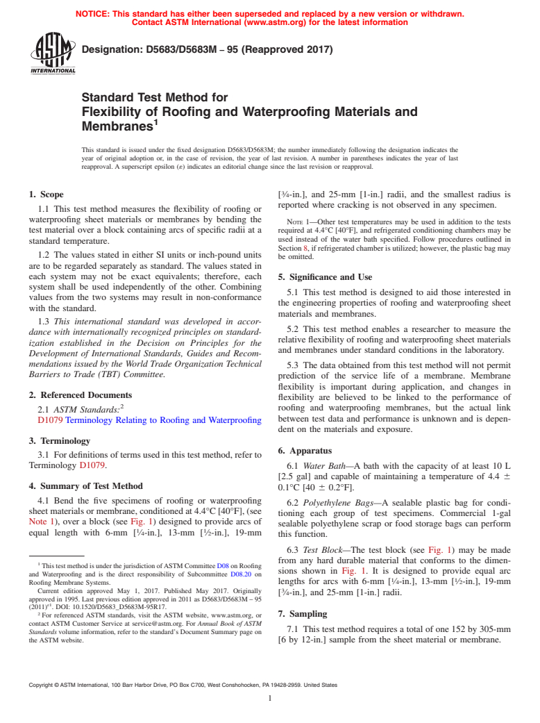 ASTM D5683/D5683M-95(2017) - Standard Test Method for  Flexibility of Roofing and Waterproofing Materials and Membranes