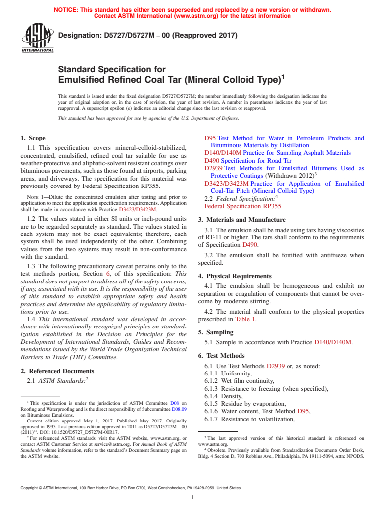 ASTM D5727/D5727M-00(2017) - Standard Specification for  Emulsified Refined Coal Tar (Mineral Colloid Type)