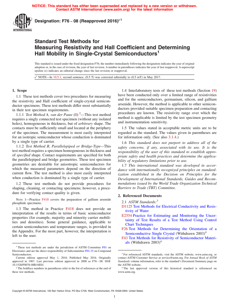 ASTM F76-08(2016)e1 - Standard Test Methods for  Measuring Resistivity and Hall Coefficient and Determining Hall Mobility in Single-Crystal Semiconductors (Withdrawn 2023)