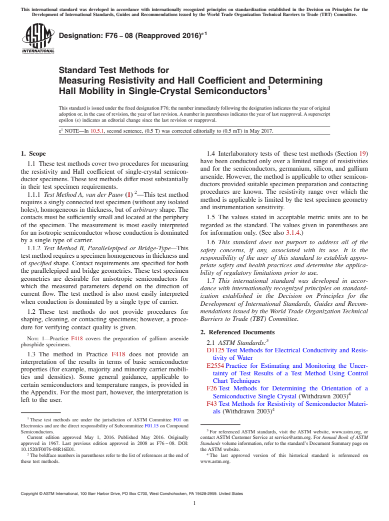 ASTM F76-08(2016)e1 - Standard Test Methods for  Measuring Resistivity and Hall Coefficient and Determining Hall Mobility in Single-Crystal Semiconductors