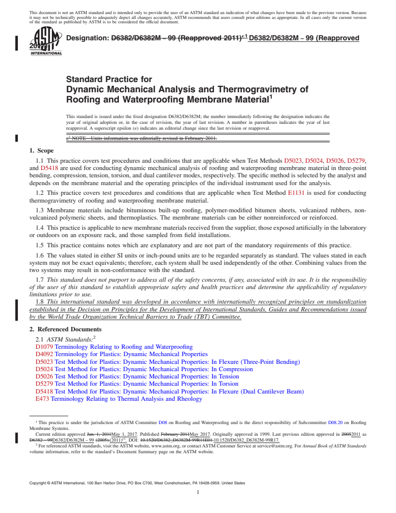 REDLINE ASTM D6382/D6382M-99(2017) - Standard Practice for  Dynamic Mechanical Analysis and Thermogravimetry of Roofing   and Waterproofing Membrane Material