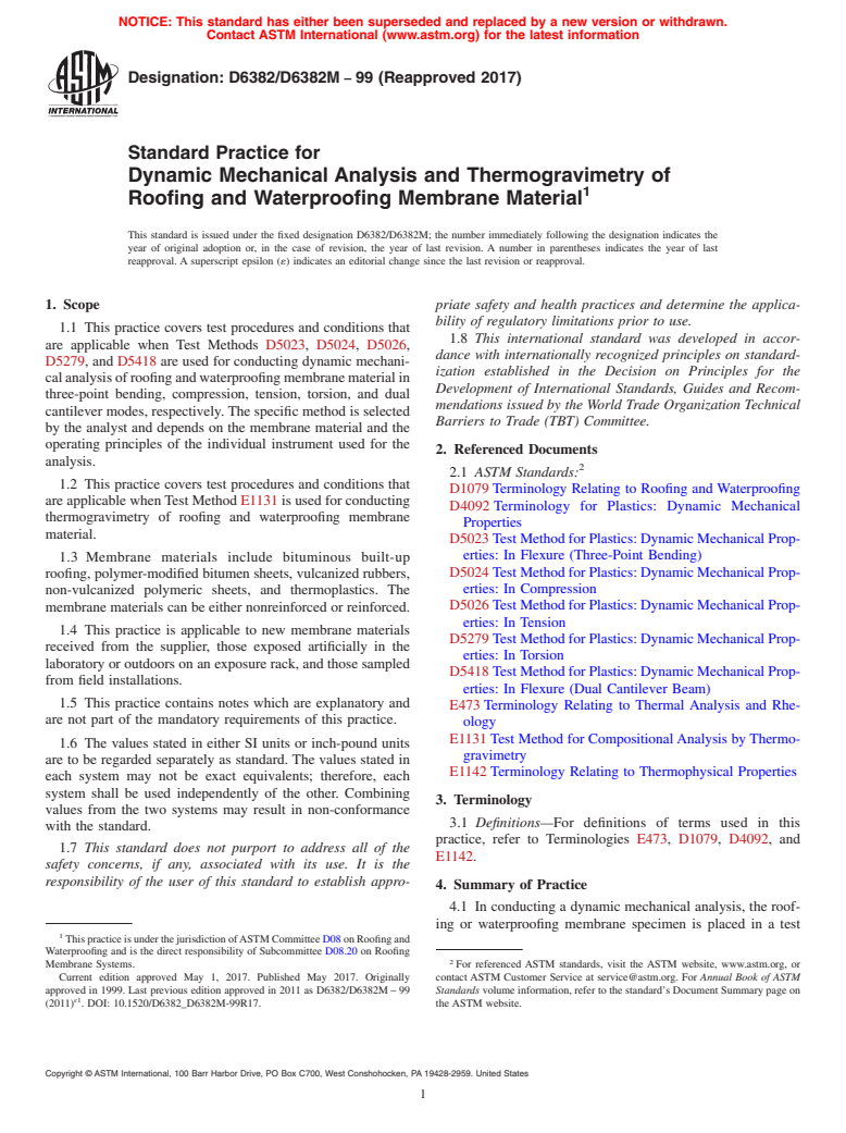 ASTM D6382/D6382M-99(2017) - Standard Practice for  Dynamic Mechanical Analysis and Thermogravimetry of Roofing   and Waterproofing Membrane Material