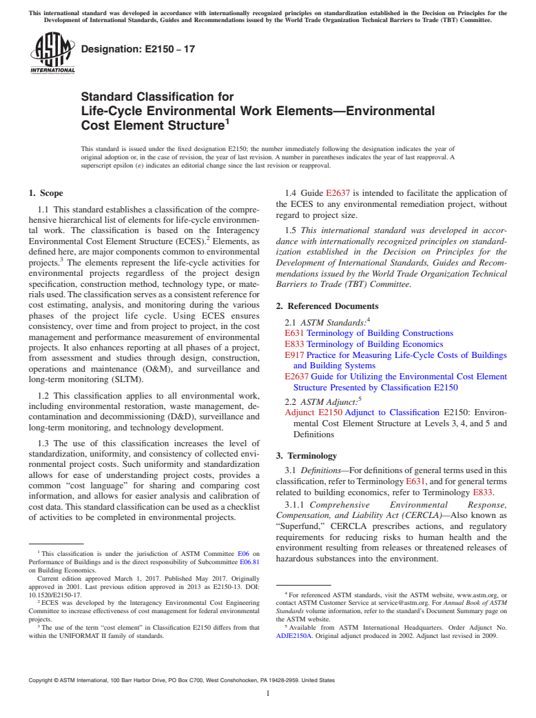 ASTM E2150-17 - Standard Classification for Life-Cycle Environmental Work Elements&#x2014;Environmental  Cost Element Structure