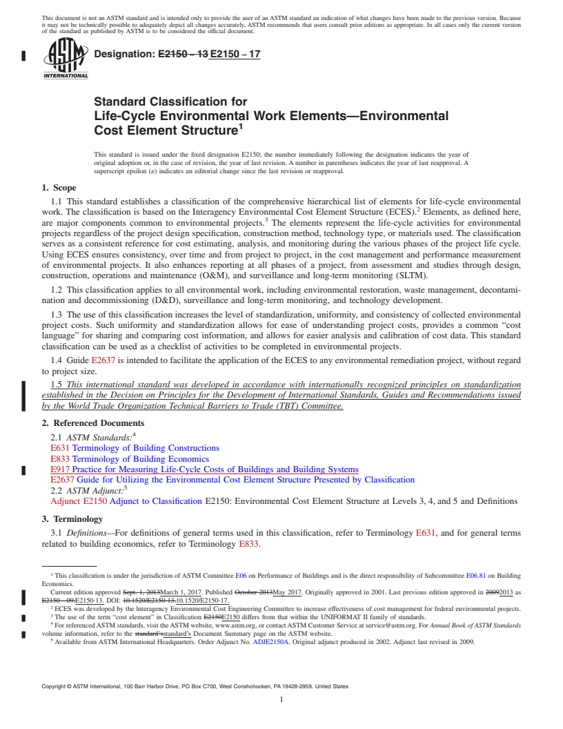 REDLINE ASTM E2150-17 - Standard Classification for Life-Cycle Environmental Work Elements&#x2014;Environmental  Cost Element Structure