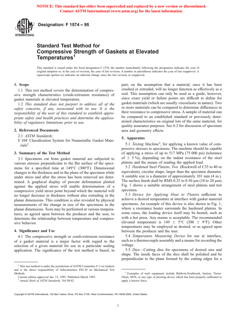 ASTM F1574-95 - Standard Test Method for Compressive Strength of Gaskets at Elevated Temperatures