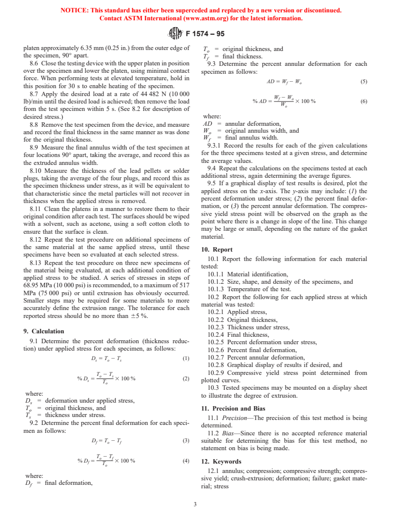 ASTM F1574-95 - Standard Test Method for Compressive Strength of Gaskets at Elevated Temperatures