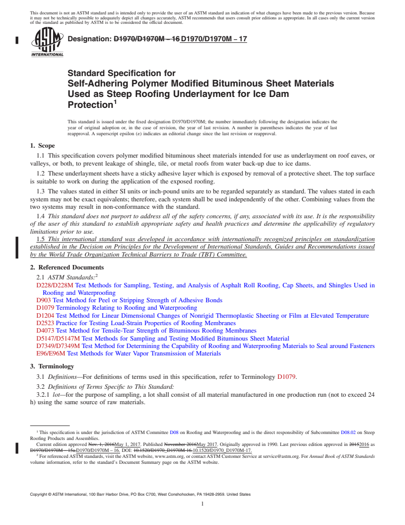REDLINE ASTM D1970/D1970M-17 - Standard Specification for  Self-Adhering Polymer Modified Bituminous Sheet Materials Used   as Steep Roofing Underlayment for Ice Dam Protection