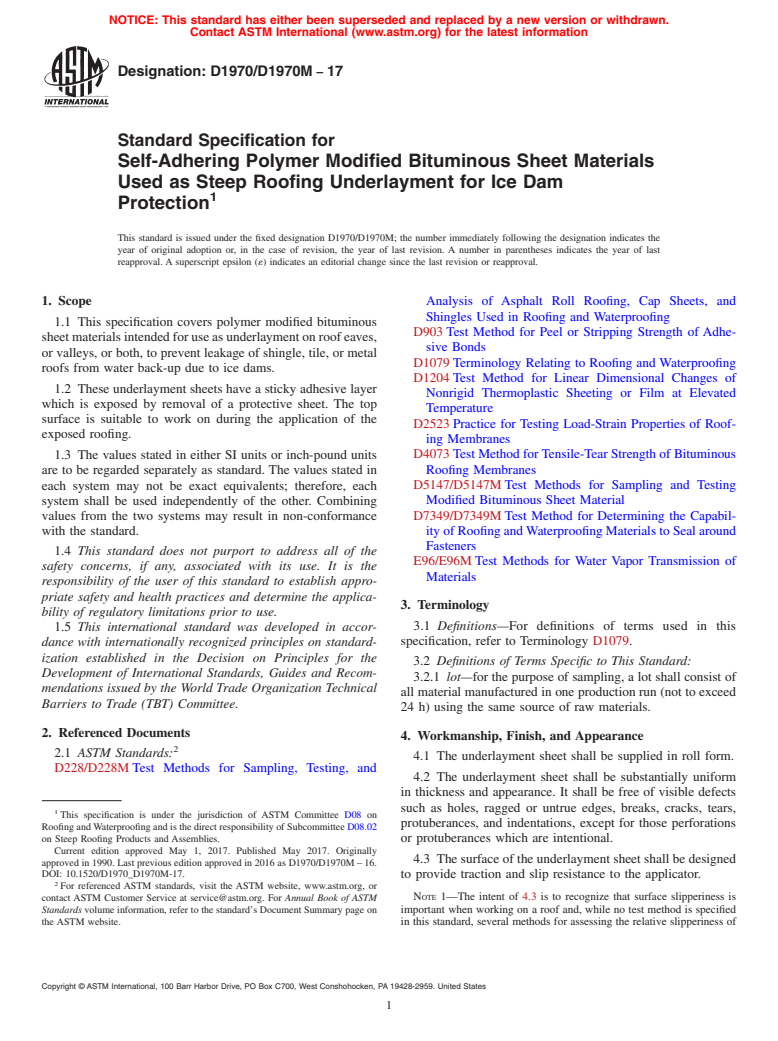 ASTM D1970/D1970M-17 - Standard Specification for  Self-Adhering Polymer Modified Bituminous Sheet Materials Used   as Steep Roofing Underlayment for Ice Dam Protection