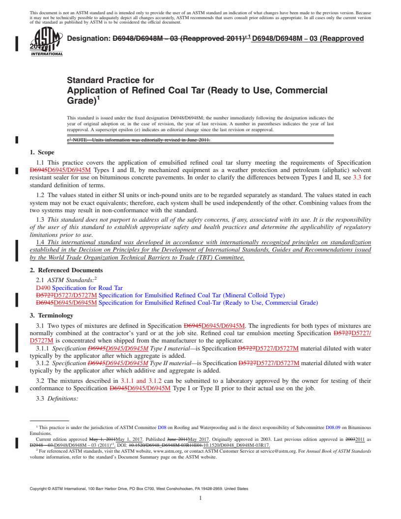 REDLINE ASTM D6948/D6948M-03(2017) - Standard Practice for  Application of Refined Coal Tar (Ready to Use, Commercial Grade)