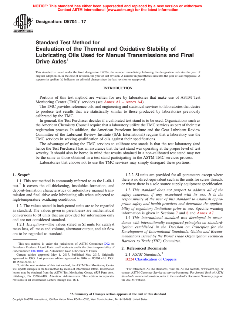 ASTM D5704-17 - Standard Test Method for Evaluation of the Thermal and Oxidative Stability of Lubricating  Oils Used for Manual Transmissions and Final Drive Axles