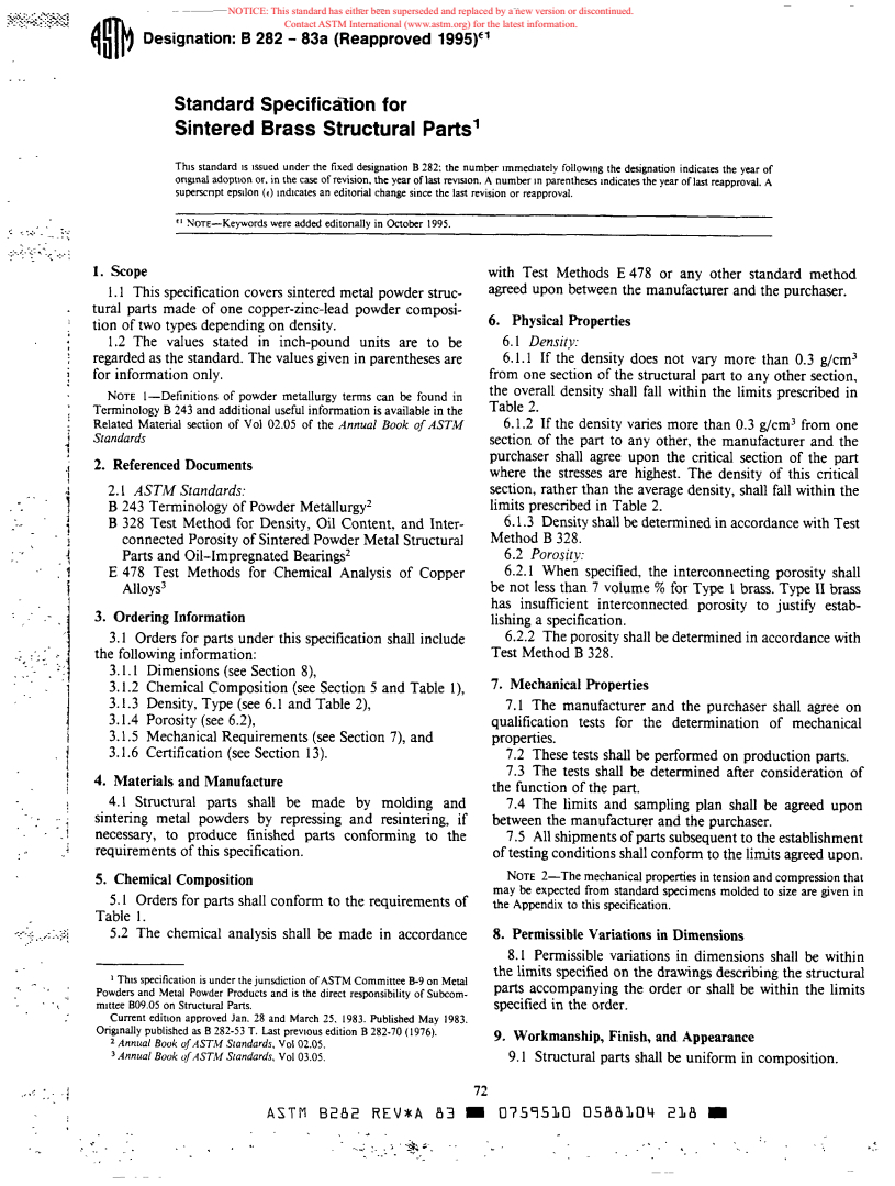 ASTM B282-83a(1995)e1 - Standard Specification for Sintered Brass Structural Parts (Withdrawn 2000)