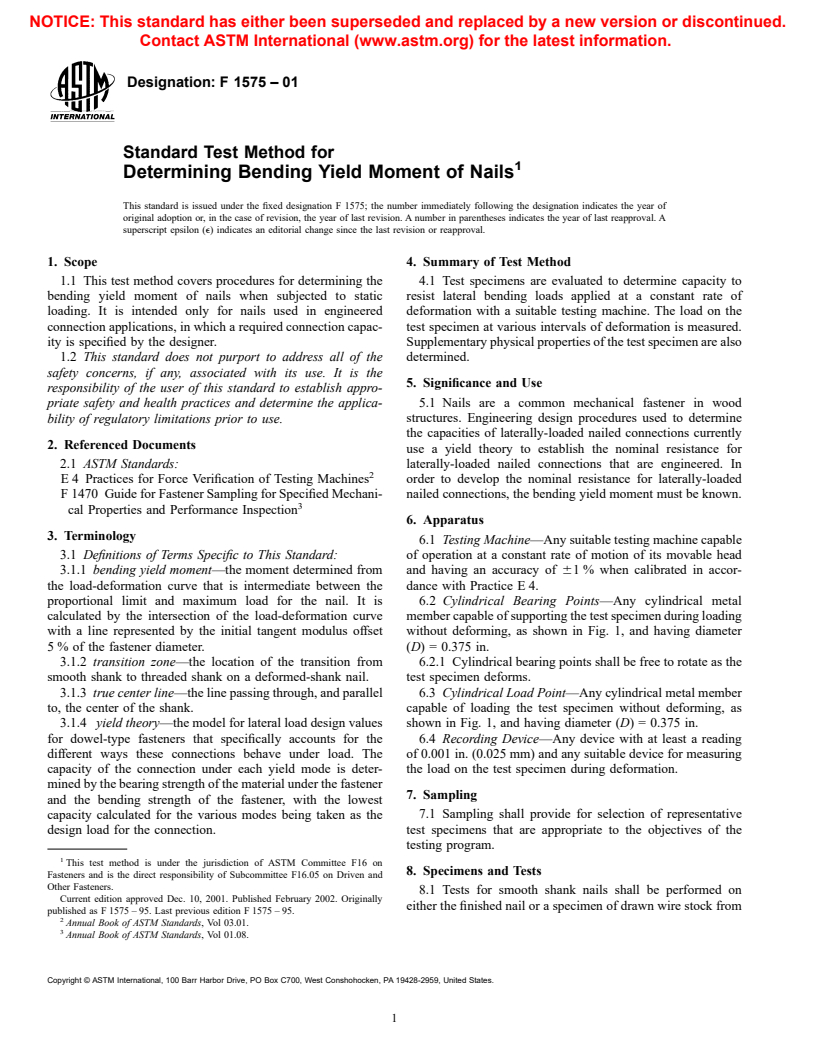 ASTM F1575-01 - Standard Test Method for Determining Bending Yield Moment of Nails