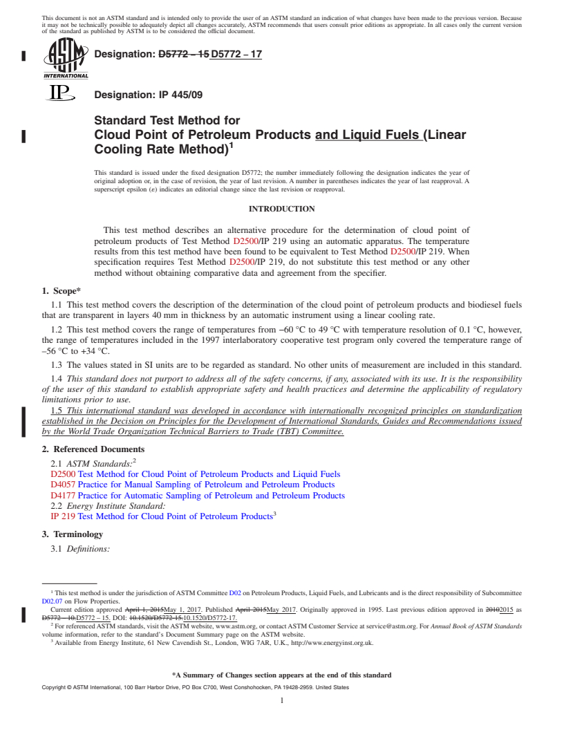 REDLINE ASTM D5772-17 - Standard Test Method for  Cloud Point of Petroleum Products and Liquid Fuels (Linear  Cooling Rate Method)