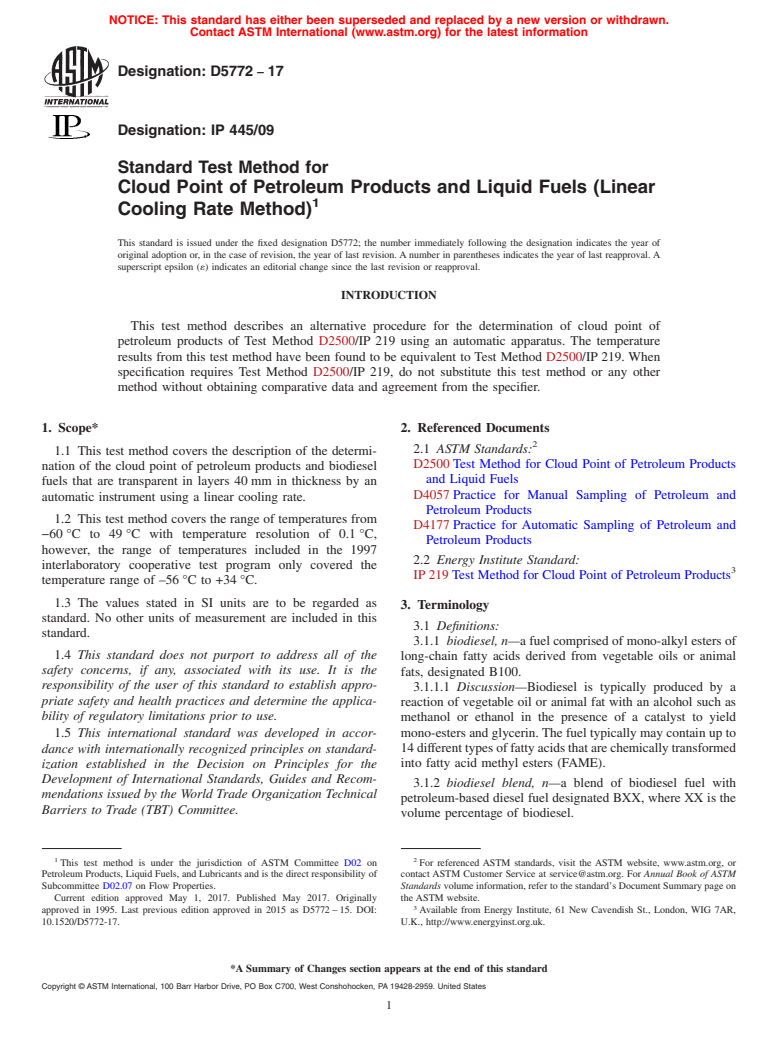 ASTM D5772-17 - Standard Test Method for  Cloud Point of Petroleum Products and Liquid Fuels (Linear  Cooling Rate Method)