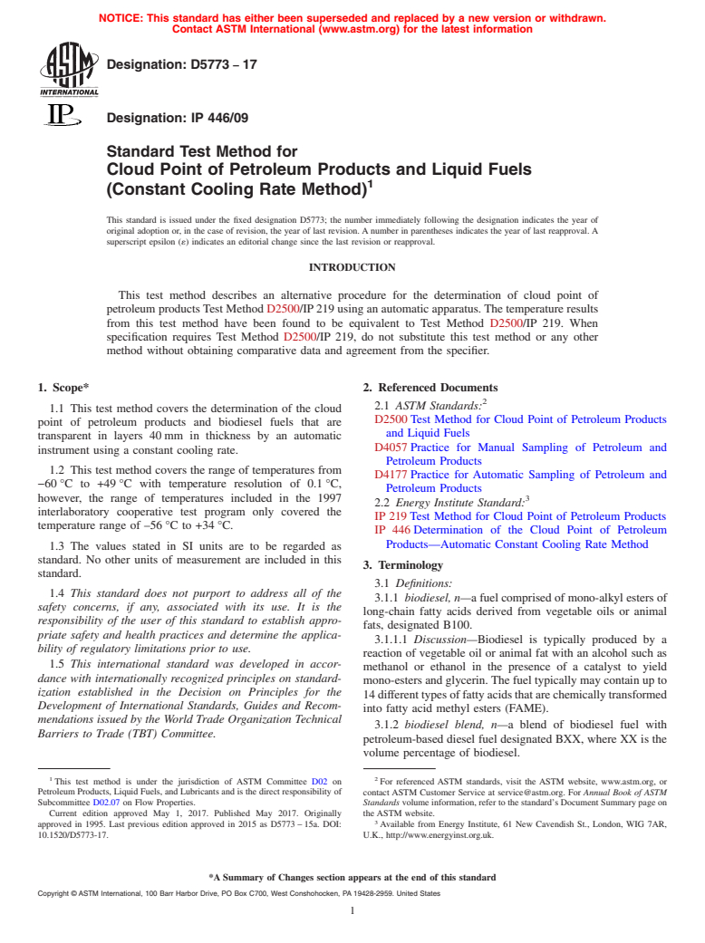 ASTM D5773-17 - Standard Test Method for  Cloud Point of Petroleum Products and Liquid Fuels (Constant  Cooling Rate Method)