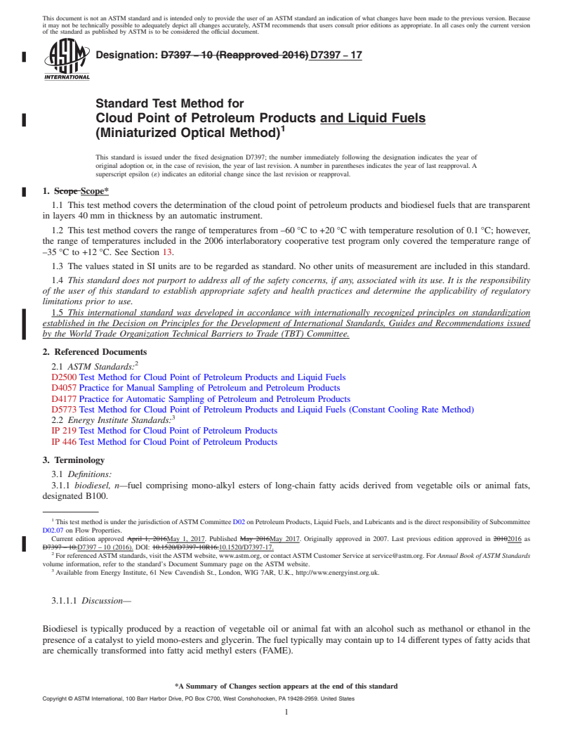 REDLINE ASTM D7397-17 - Standard Test Method for  Cloud Point of Petroleum Products and Liquid Fuels (Miniaturized  Optical Method)