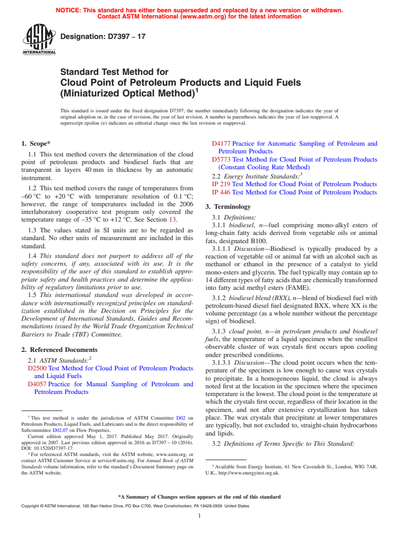 ASTM D7397-17 - Standard Test Method for  Cloud Point of Petroleum Products and Liquid Fuels (Miniaturized  Optical Method)