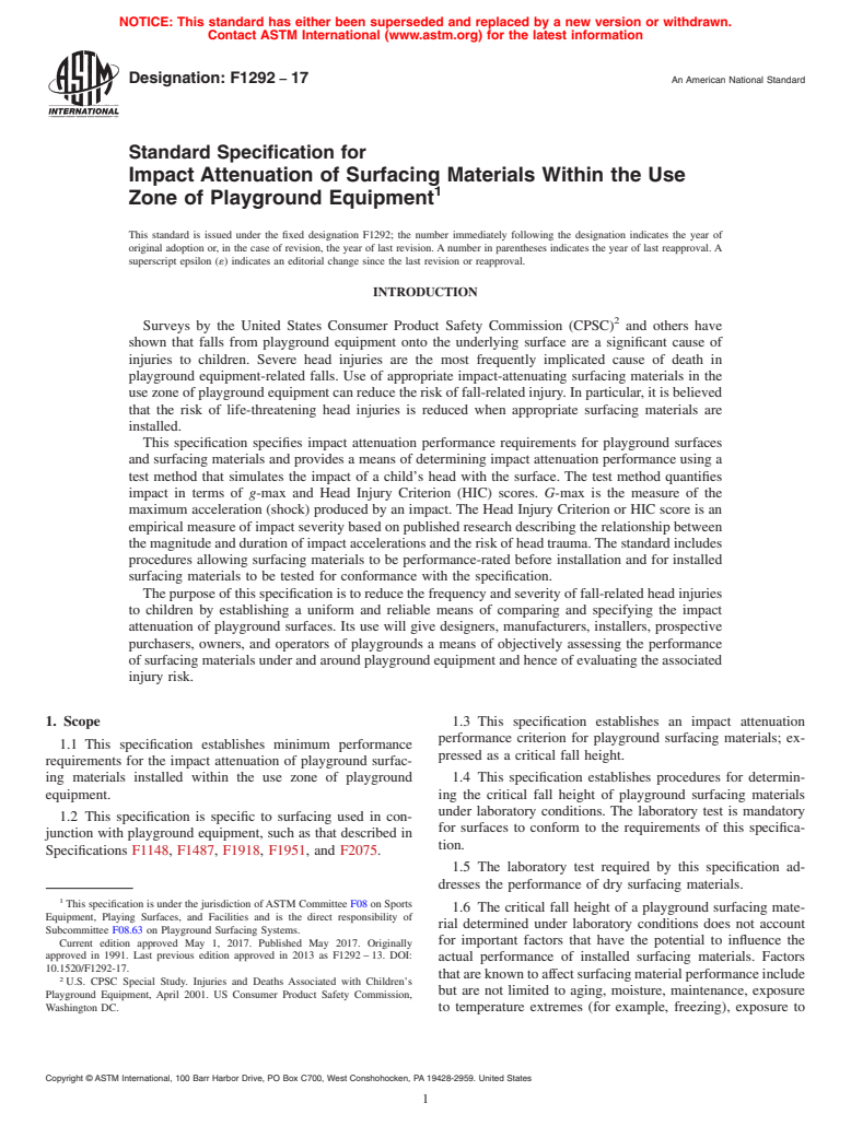 ASTM F1292-17 - Standard Specification for Impact Attenuation of Surfacing Materials Within the Use Zone  of Playground Equipment