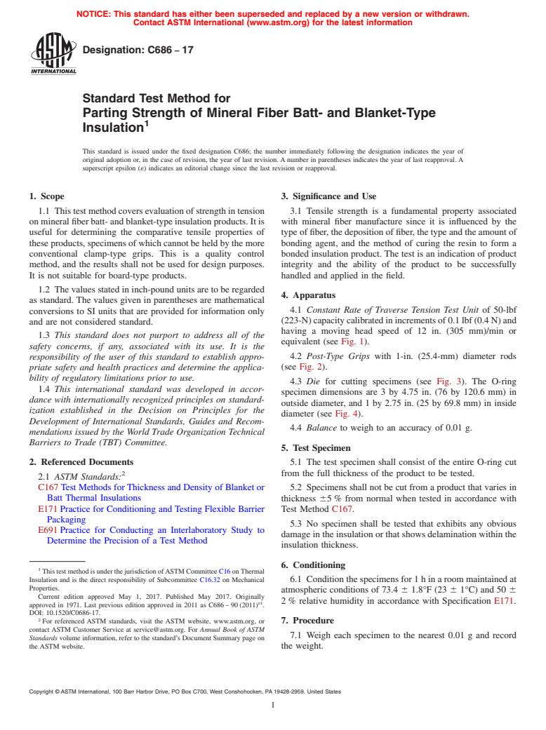 ASTM C686-17 - Standard Test Method for  Parting Strength of Mineral Fiber Batt- and Blanket-Type Insulation