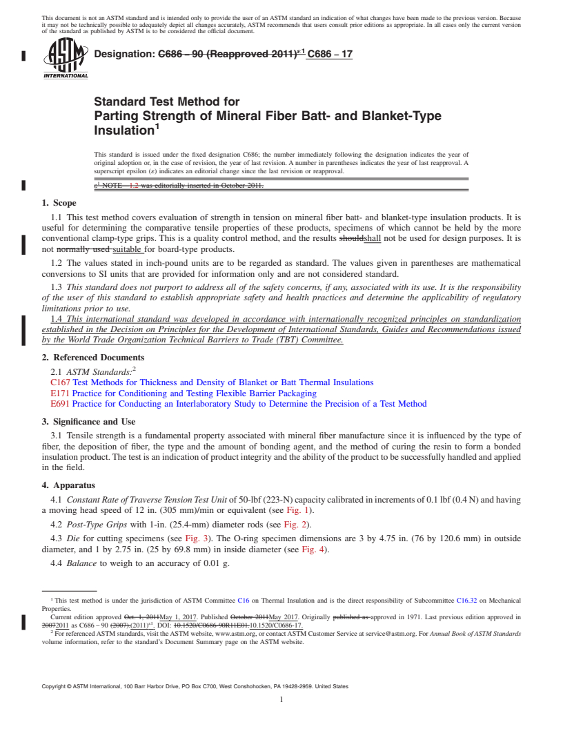 REDLINE ASTM C686-17 - Standard Test Method for  Parting Strength of Mineral Fiber Batt- and Blanket-Type Insulation