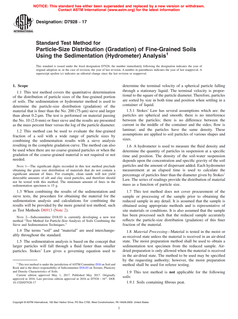 ASTM D7928-17 - Standard Test Method for Particle-Size Distribution (Gradation) of Fine-Grained Soils  Using the Sedimentation (Hydrometer) Analysis