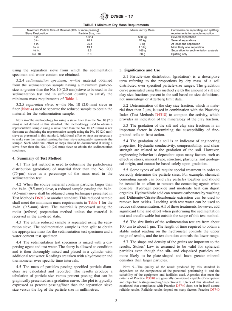 ASTM D7928-17 - Standard Test Method for Particle-Size Distribution (Gradation) of Fine-Grained Soils  Using the Sedimentation (Hydrometer) Analysis