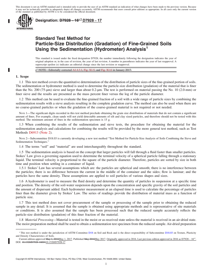 REDLINE ASTM D7928-17 - Standard Test Method for Particle-Size Distribution (Gradation) of Fine-Grained Soils  Using the Sedimentation (Hydrometer) Analysis