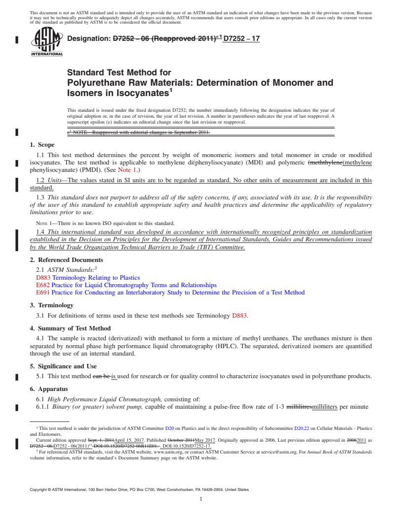 REDLINE ASTM D7252-17 - Standard Test Method for  Polyurethane Raw Materials: Determination of Monomer and Isomers  in Isocyanates