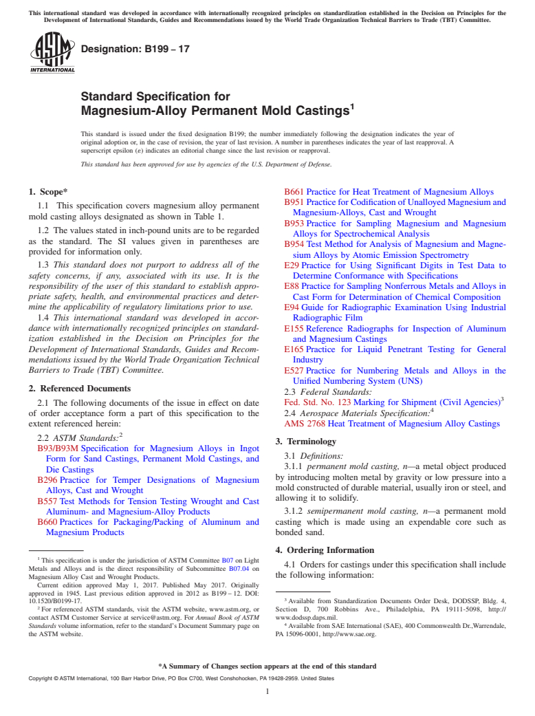 ASTM B199-17 - Standard Specification for  Magnesium-Alloy Permanent Mold Castings