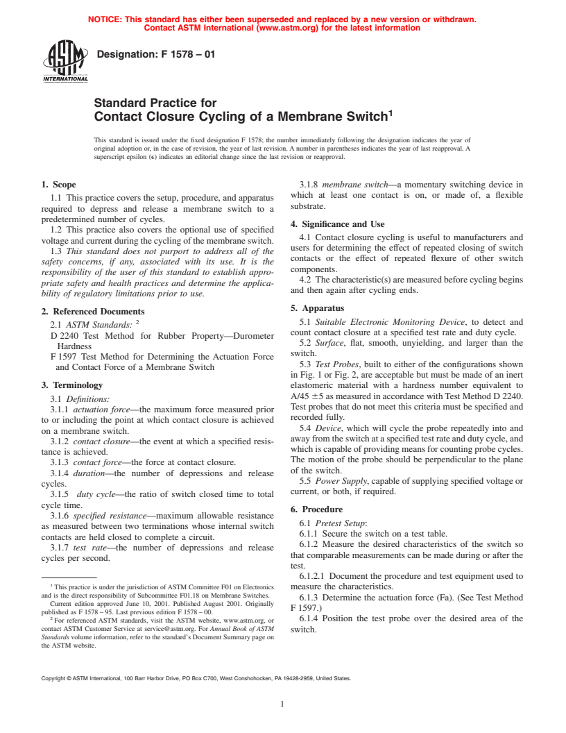 ASTM F1578-01 - Standard Practice for Contact Closure Cycling of a Membrane Switch