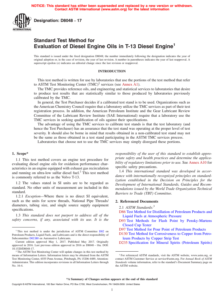 ASTM D8048-17 - Standard Test Method for Evaluation of Diesel Engine Oils in T-13 Diesel Engine