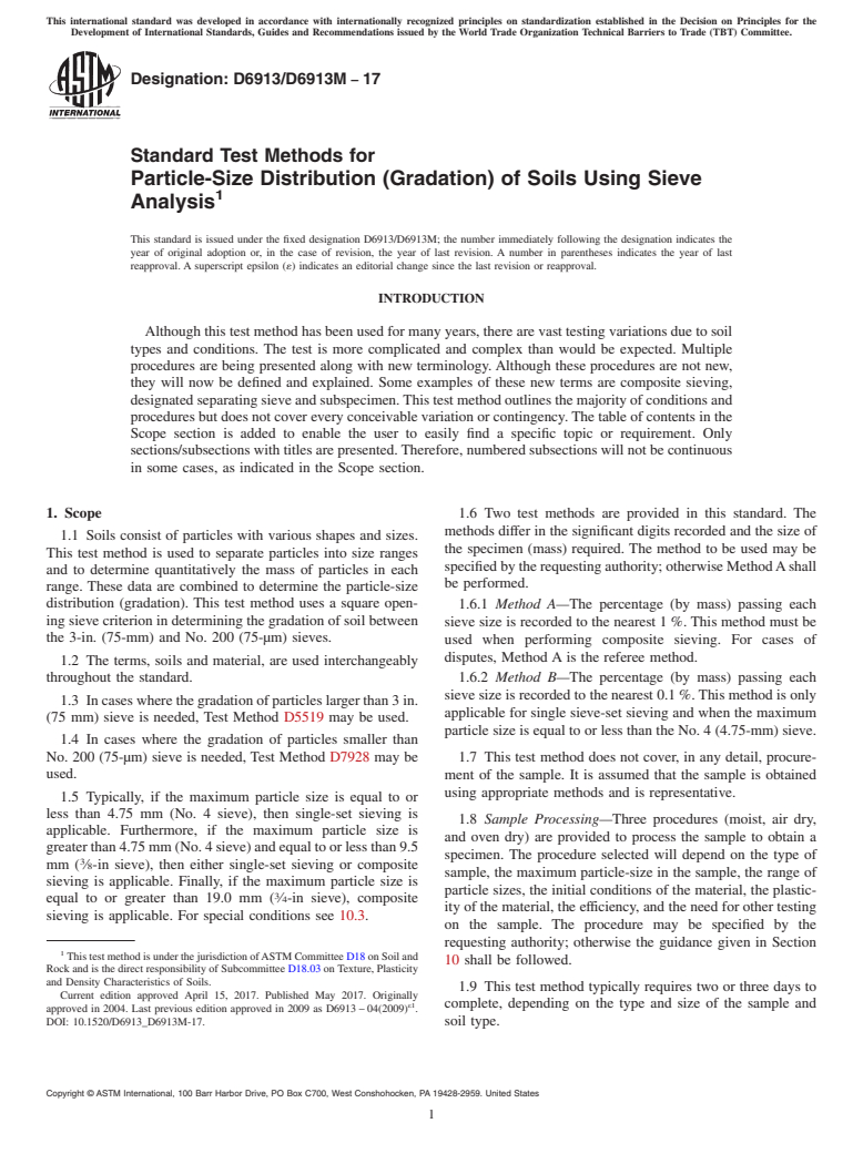 ASTM D6913/D6913M-17 - Standard Test Methods for  Particle-Size Distribution (Gradation) of Soils Using Sieve  Analysis