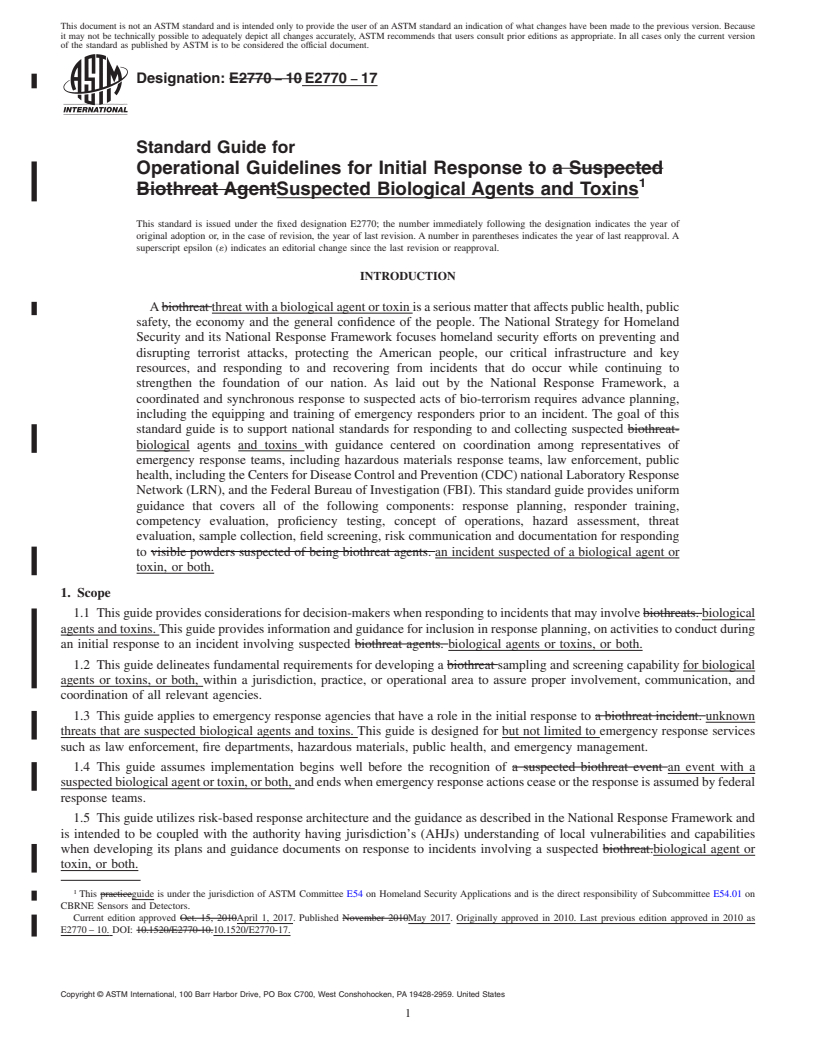 REDLINE ASTM E2770-17 - Standard Guide for  Operational Guidelines for Initial Response to Suspected Biological  Agents and Toxins