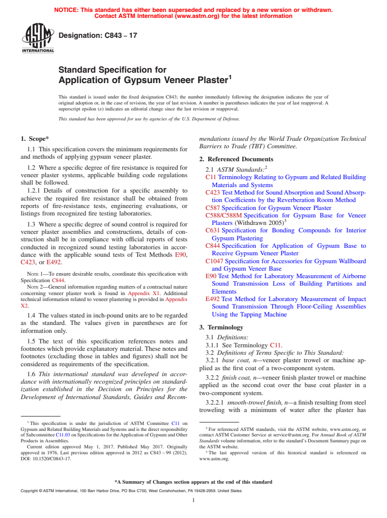 ASTM C843-17 - Standard Specification for  Application of Gypsum Veneer Plaster