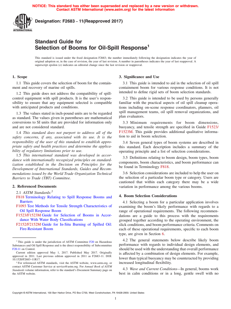 ASTM F2683-11(2017) - Standard Guide for  Selection of Booms for Oil-Spill Response