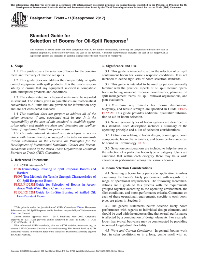 ASTM F2683-11(2017) - Standard Guide for  Selection of Booms for Oil-Spill Response