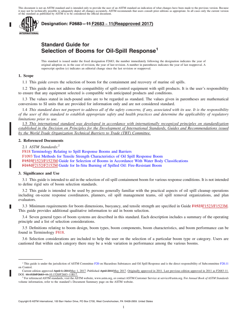 REDLINE ASTM F2683-11(2017) - Standard Guide for  Selection of Booms for Oil-Spill Response