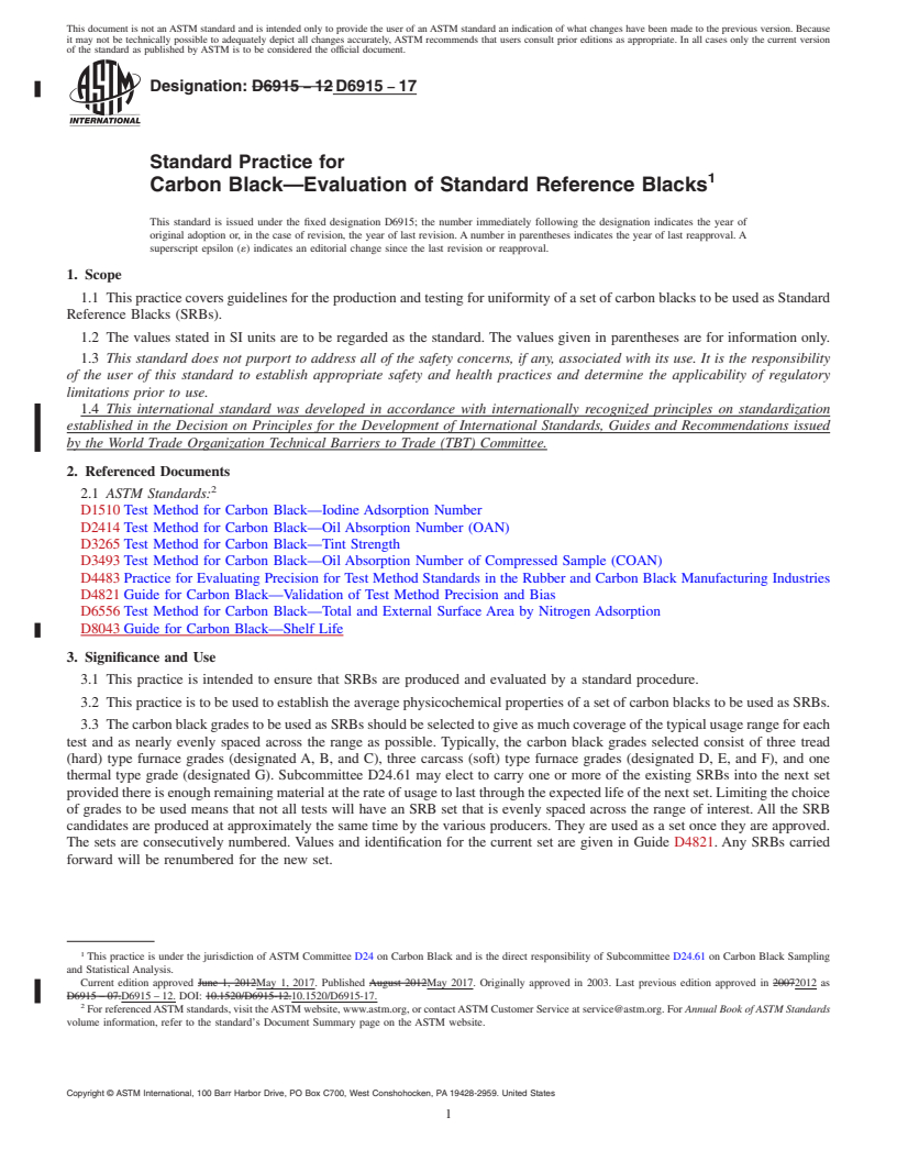 REDLINE ASTM D6915-17 - Standard Practice for  Carbon Black&#x2014;Evaluation of Standard Reference Blacks