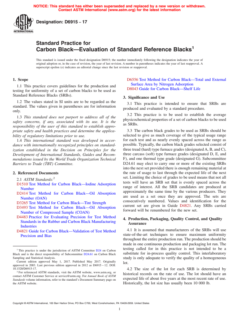 ASTM D6915-17 - Standard Practice for  Carbon Black&#x2014;Evaluation of Standard Reference Blacks