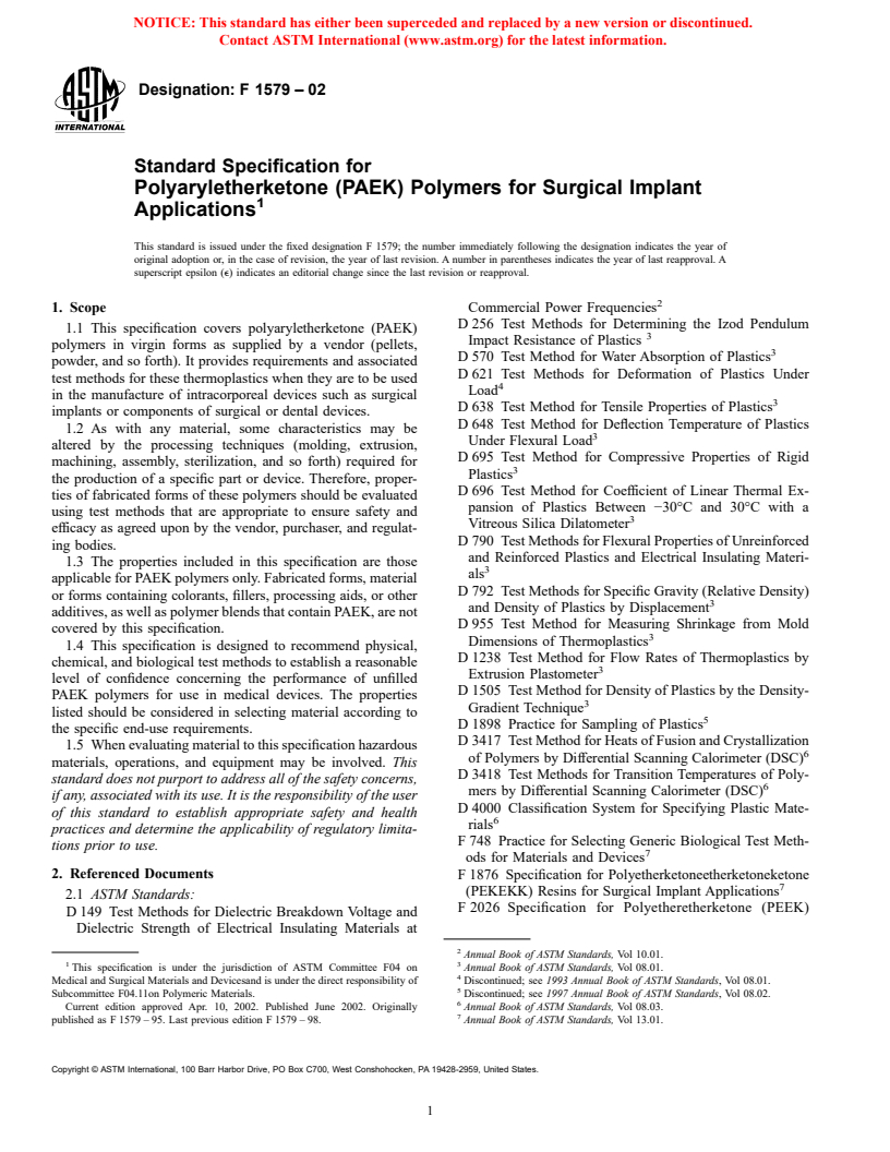 ASTM F1579-02 - Standard Specification for Polyaryletherketone (PAEK) Polymers for Surgical Implant Applications