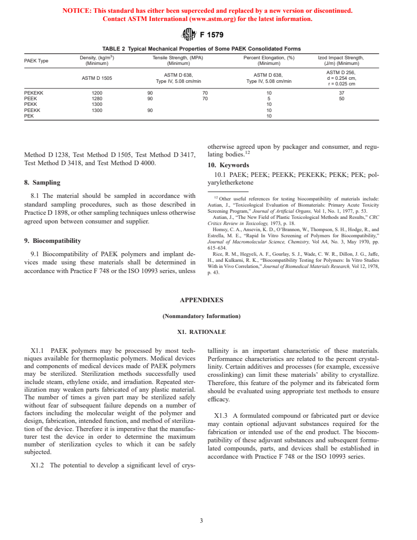 ASTM F1579-02 - Standard Specification for Polyaryletherketone (PAEK) Polymers for Surgical Implant Applications