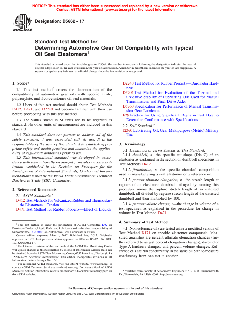 ASTM D5662-17 - Standard Test Method for Determining Automotive Gear Oil Compatibility with Typical  Oil Seal Elastomers