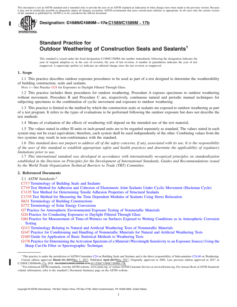 REDLINE ASTM C1589/C1589M-17b - Standard Practice for Outdoor Weathering of Construction Seals and Sealants